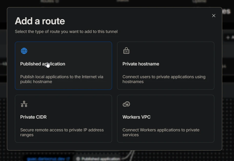 Cloudflare dashboard interface for adding a new public hostname to a tunnel